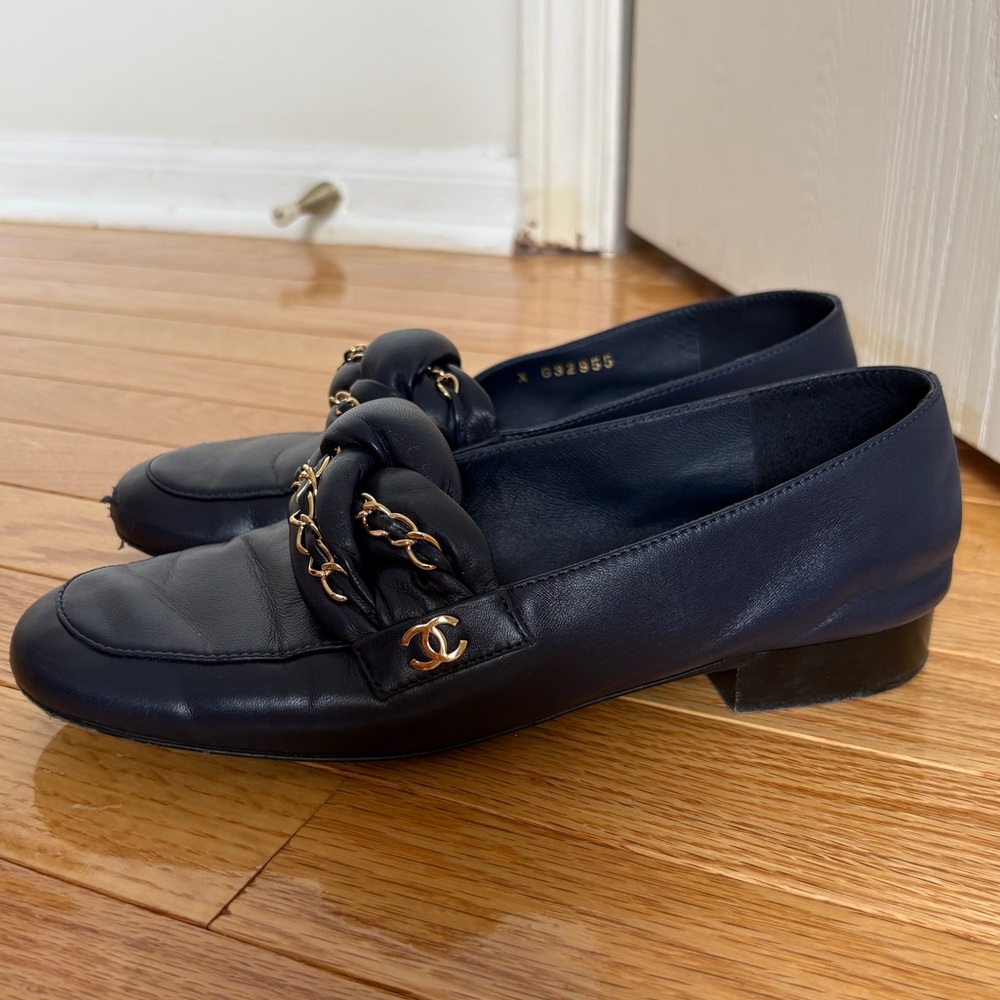 CHANEL Interlocking CC Blue and Gold Loafers with Classic Slip-On Design